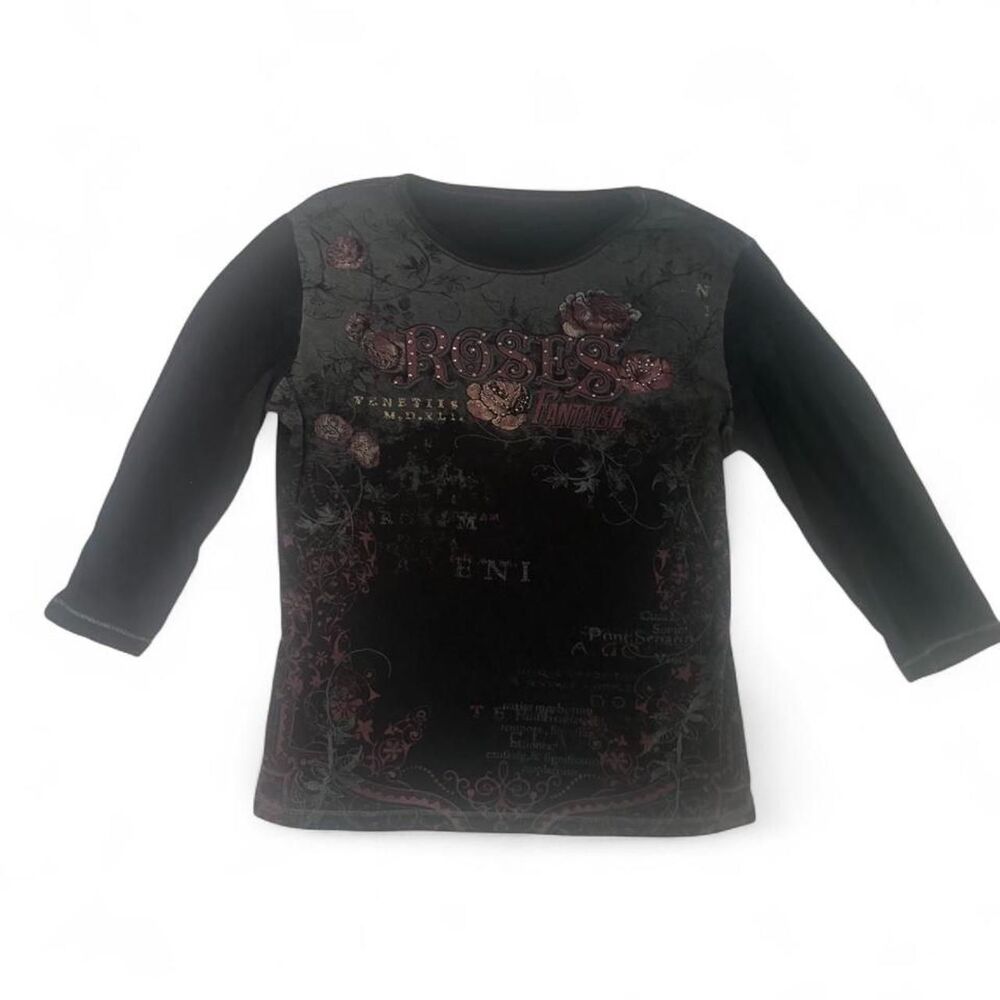 Women's Black Distressed Rose Graphic Burn Out 3/4 Length Shirt Size S